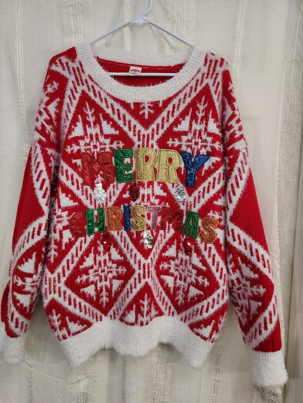 Holiday Time Red & White 'Merry Christmas' Fluffy Crewneck Sweater